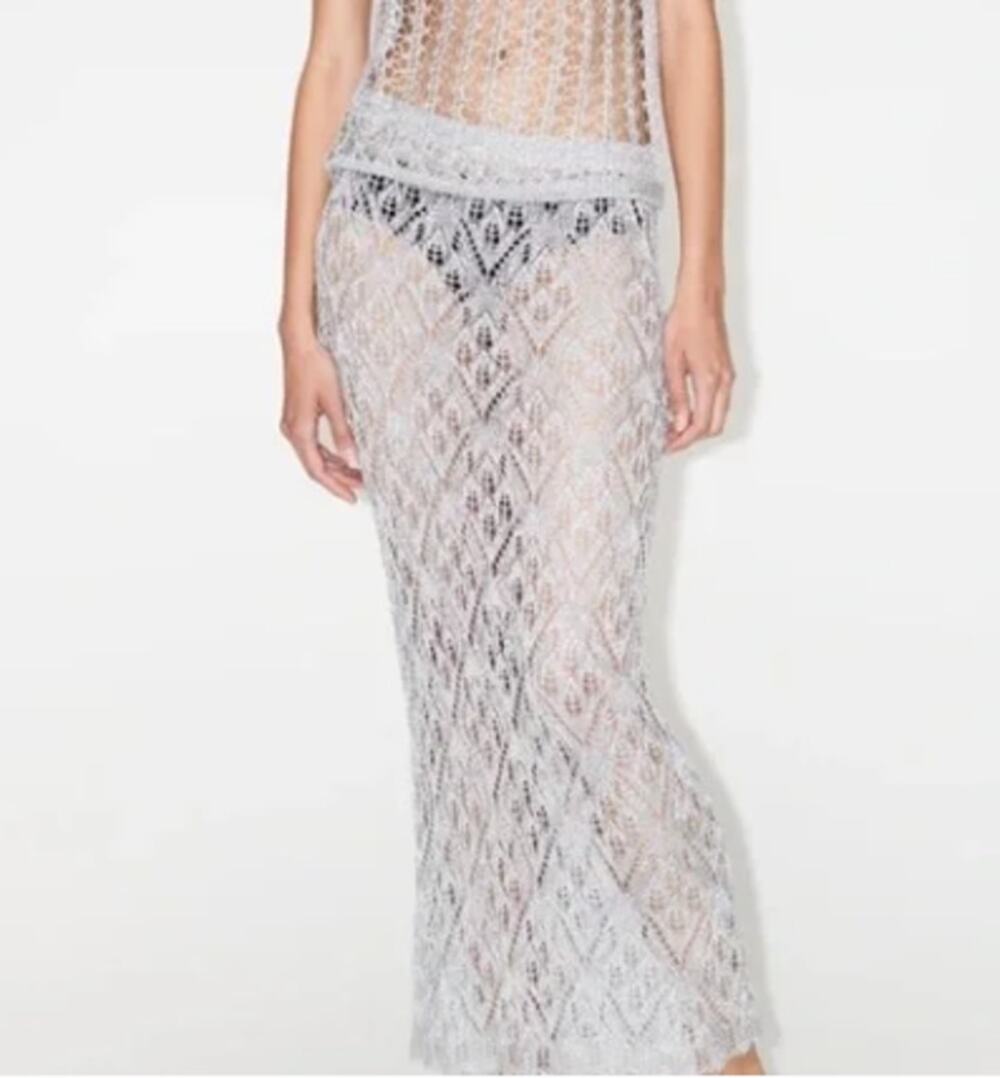 Zara Metallic Silver Open Knit Embroidered Mesh Skirt Midi / Maxi Size Large